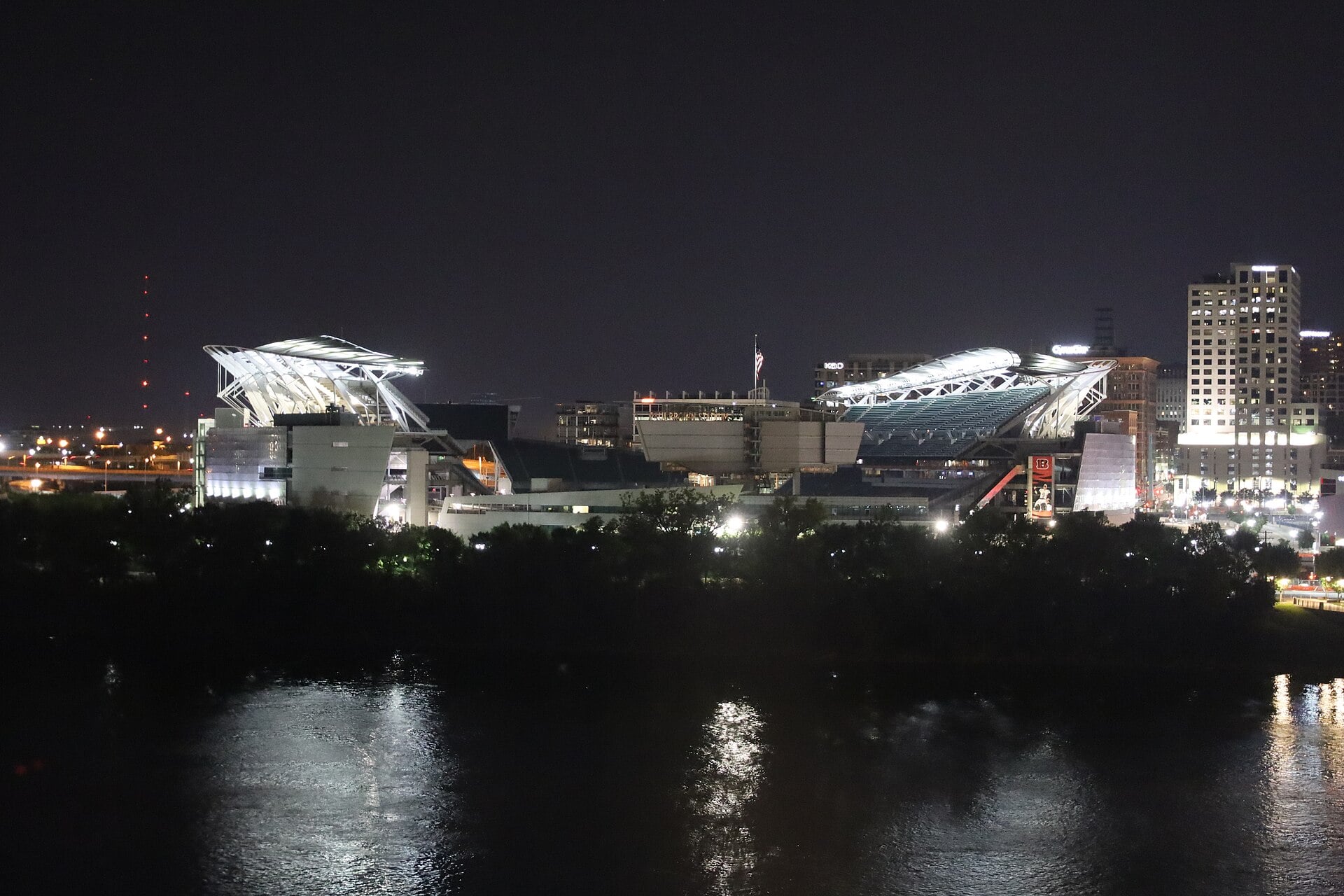Cincinnati's stadium lit up at night, one of the Buccaneers' 2026 road trips.