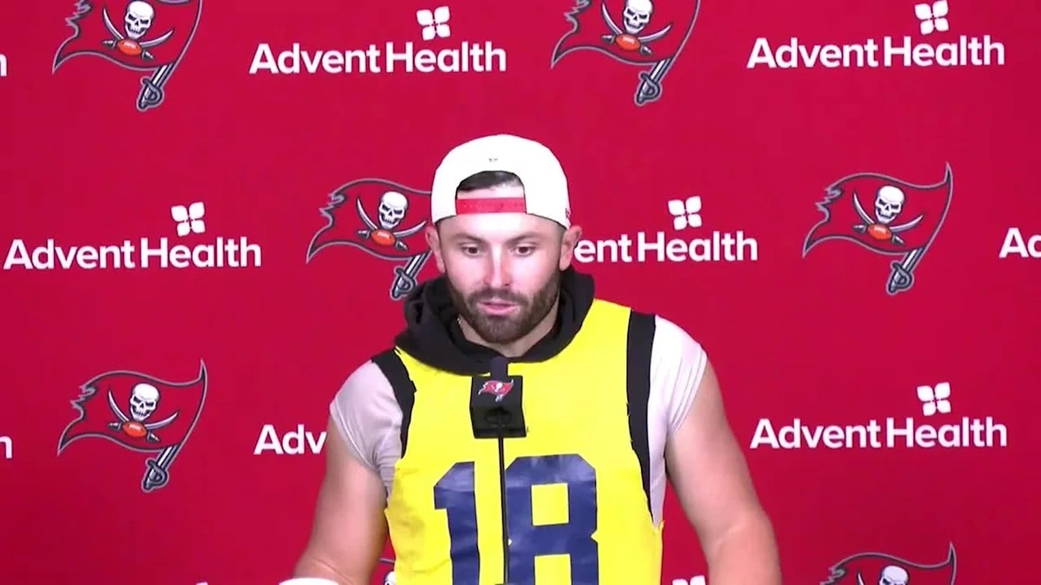 Baker Mayfield wears Michigan jersey after losing bet with Todd Bowles