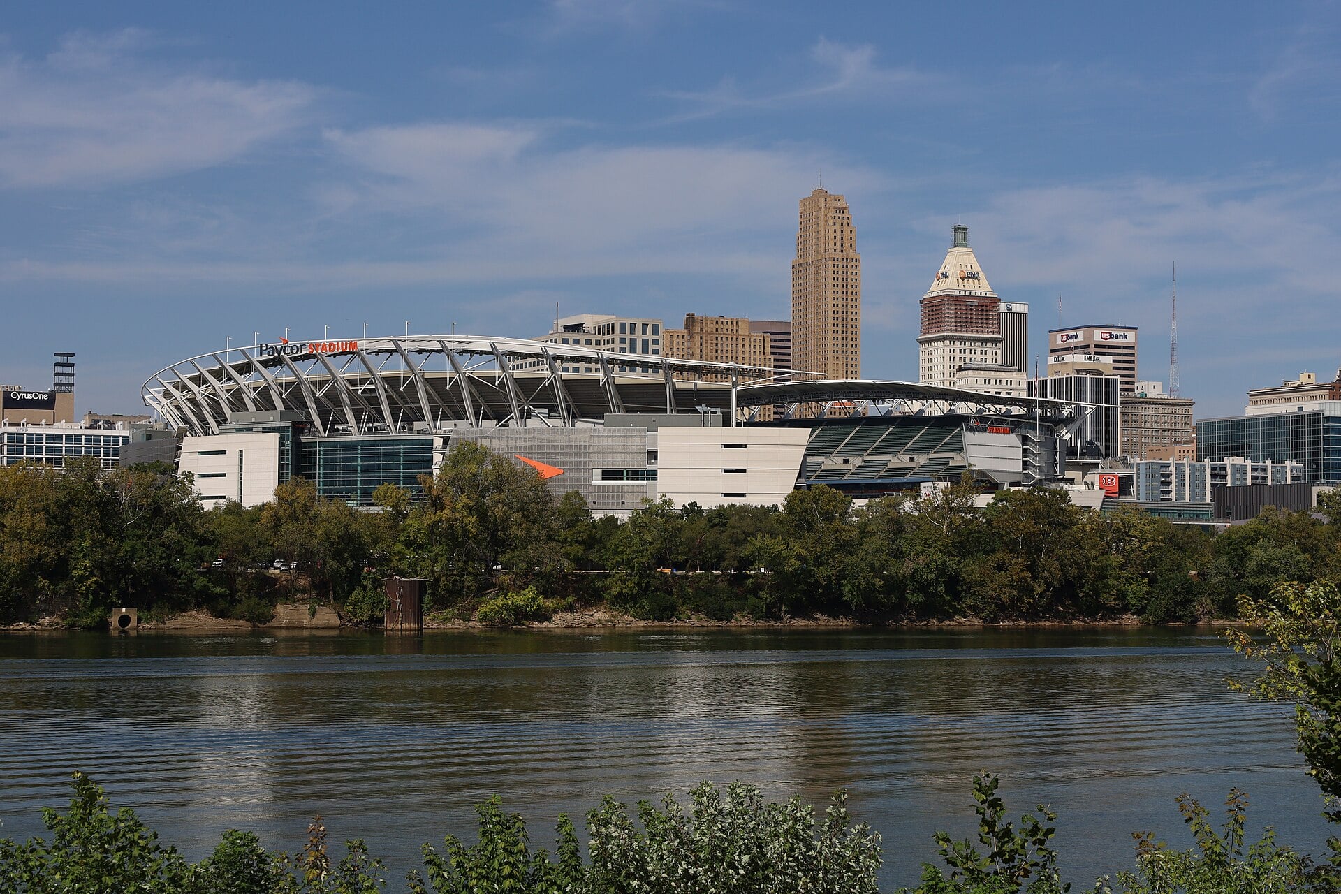 Paycor Stadium and the Ohio River in Cincinnati, photographed in 2025.